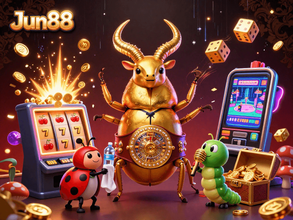 Engage in casino action with Jun88's vibrant characters and winning game elements in a dynamic 3D scene.