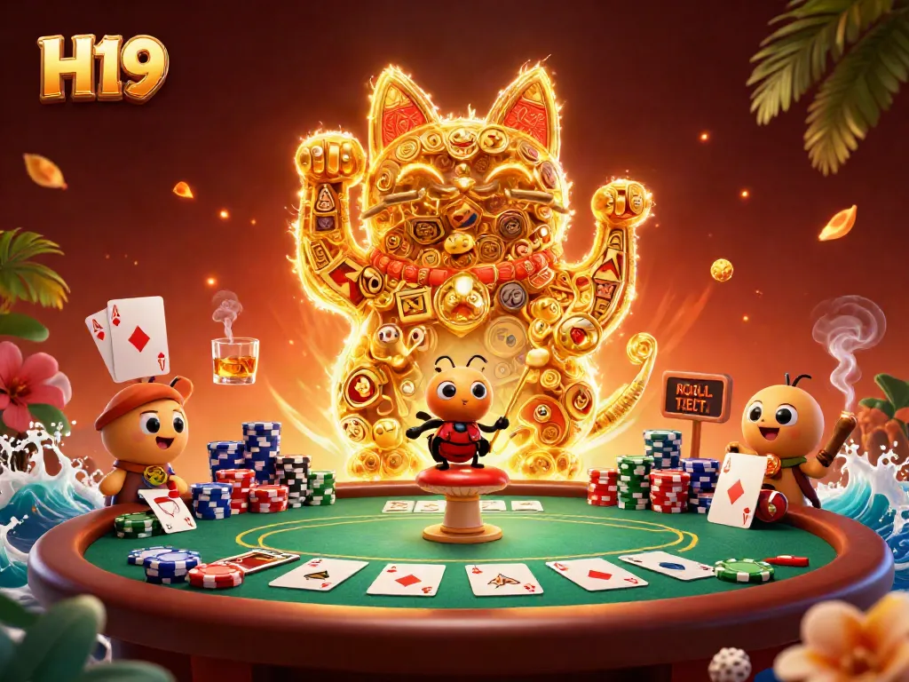 Experience the vibrant H19 lucky cat scene, showcasing exciting casino symbols and a dynamic atmosphere.