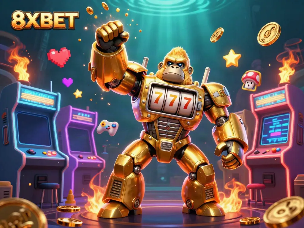 8XBET presents a vibrant 3D illustration of a golden gorilla mech and gaming elements, symbolizing online casino excitement.
