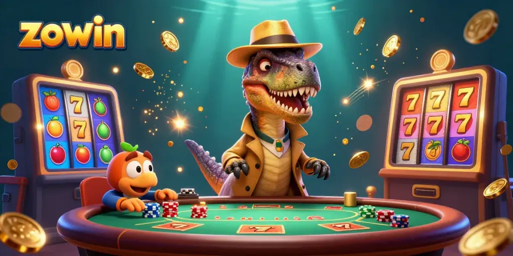 Engage in exciting gameplay at ZOWIN with a dynamic scene featuring a velociraptor card counter and vibrant slot symbols.