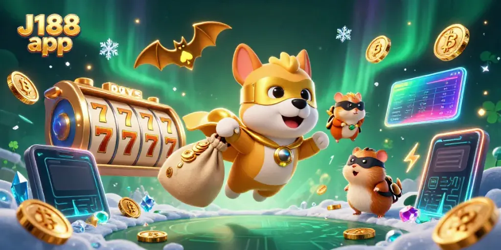 Engage with the exciting J188 app featuring a flying superhero dog surrounded by vibrant casino elements.