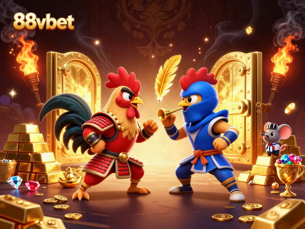 Experience thrilling action with 88vbet's dynamic standoff between cartoon roosters in a 3D casino illustration.