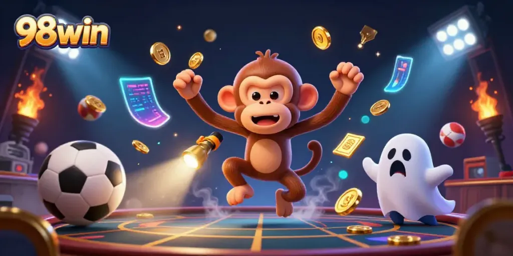 Experience lively gameplay at 98win with a dynamic casino scene featuring juggling monkeys and sports elements.