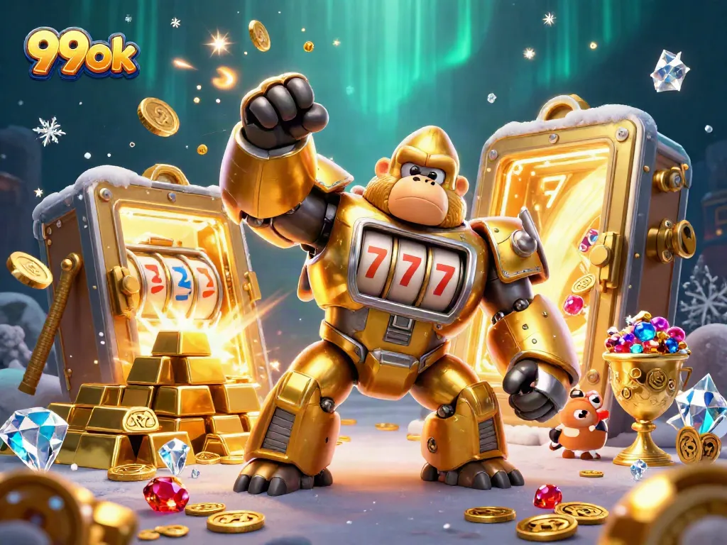 Experience 99ok with a dynamic 3D illustration showcasing a golden gorilla mech celebrating casino winnings amidst treasures.