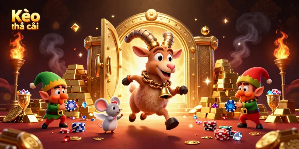 Kèo nhà cái offers lively gambling gameplay with cartoon characters in a dynamic casino scene filled with gold treasures.
