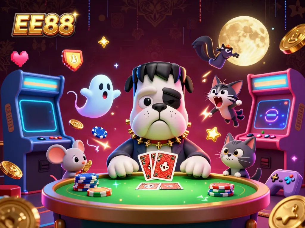 EE88 card dealer scene showcasing a Frankenstein bulldog, ghost mouse, and playful werewolf kitten amid neon arcade machines.