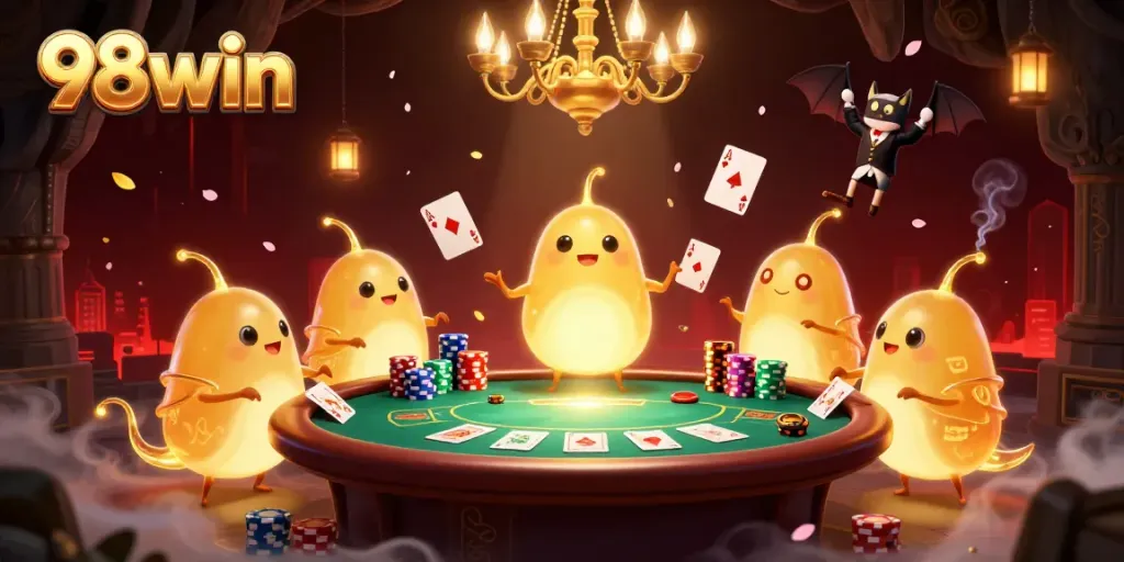 Join the 98win poker game illuminated by glowing worms, showcasing vibrant casino elements.