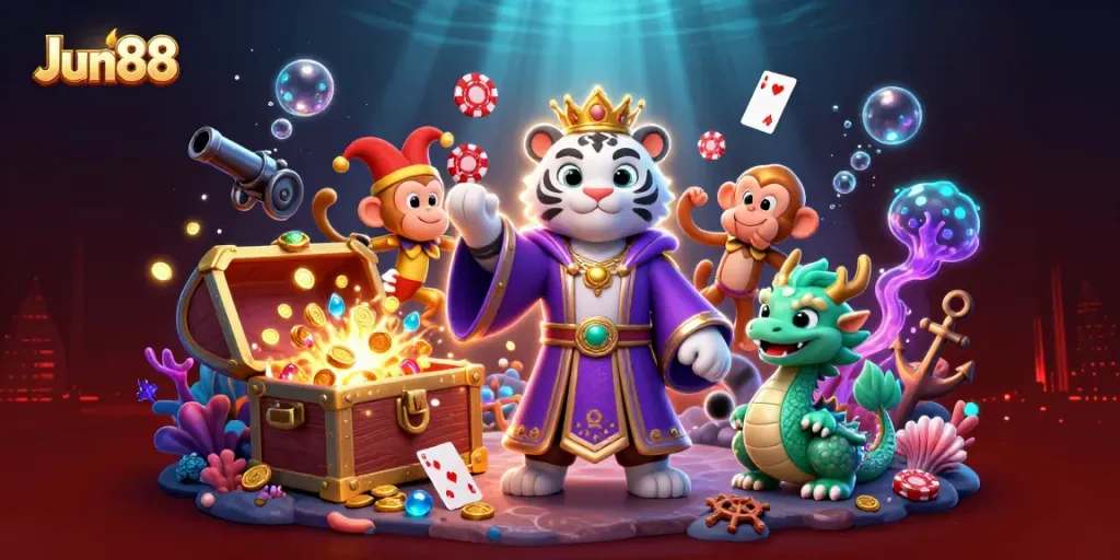 Experience the thrill with Jun88's vibrant 3D casino scene featuring iconic gaming elements.