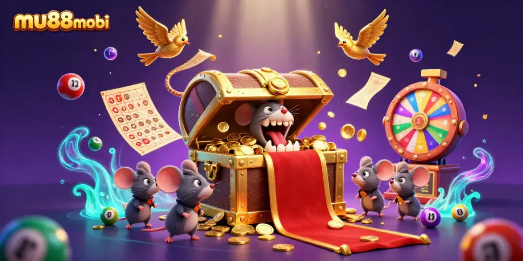 Engage with mu88mobi’s vibrant lottery world featuring golden treasures, colorful balls, and animated confetti.