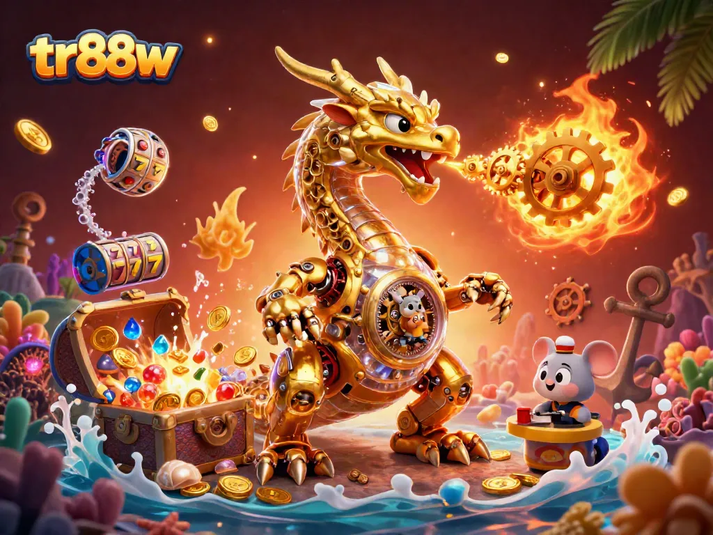 Experience the thrill of tr88w with a golden dragon and slot games in an enchanting underwater scene.