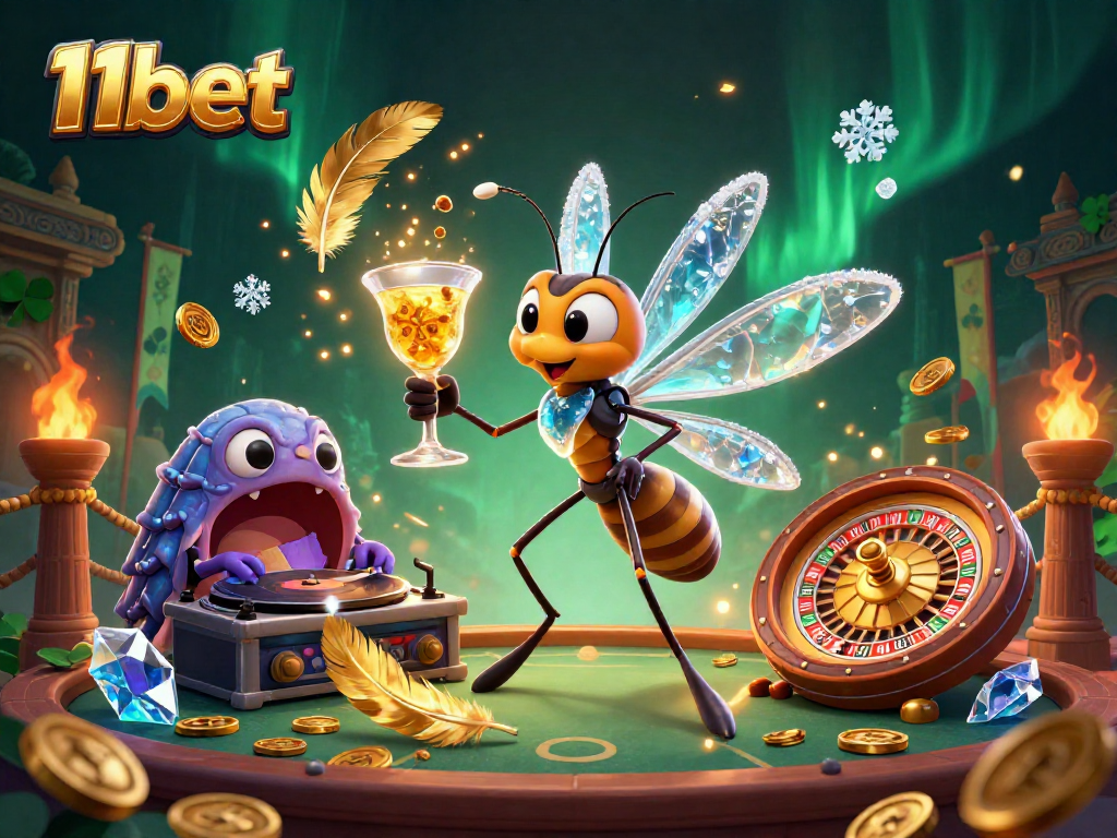 Engage with 11bet's vibrant casino scene featuring a unique frozen mosquito mascot and dynamic gaming elements.