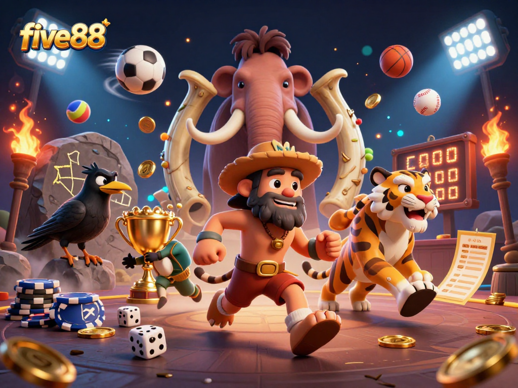 Experience thrilling action with five88 in this dynamic prehistoric casino scene featuring lively characters and sports elements.