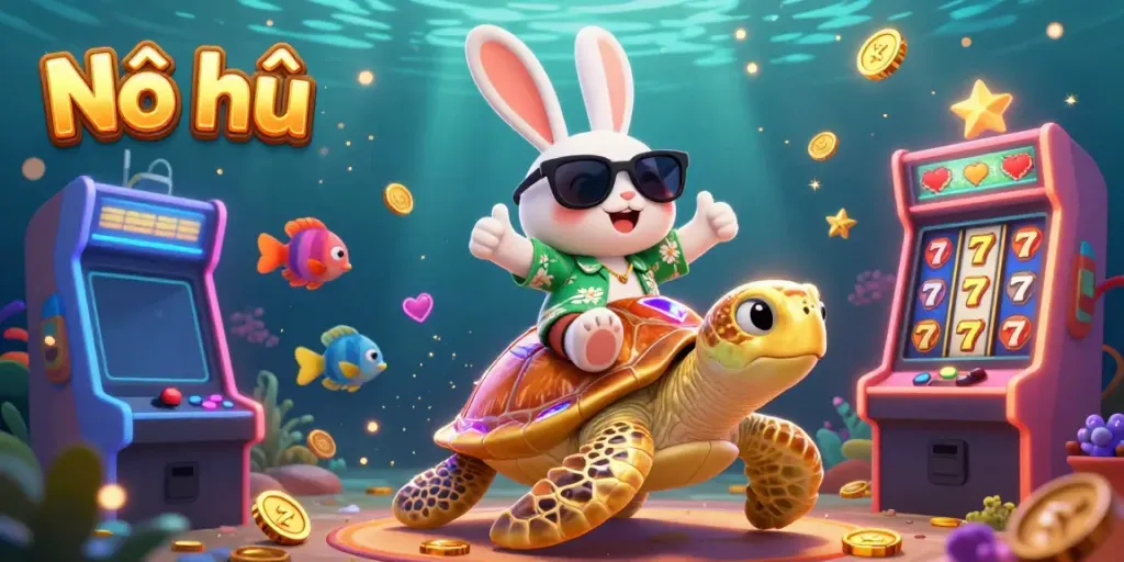 Nổ hũ scene with a lucky rabbit and golden sea turtle, vibrant slots and jackpot elements in a casino setting