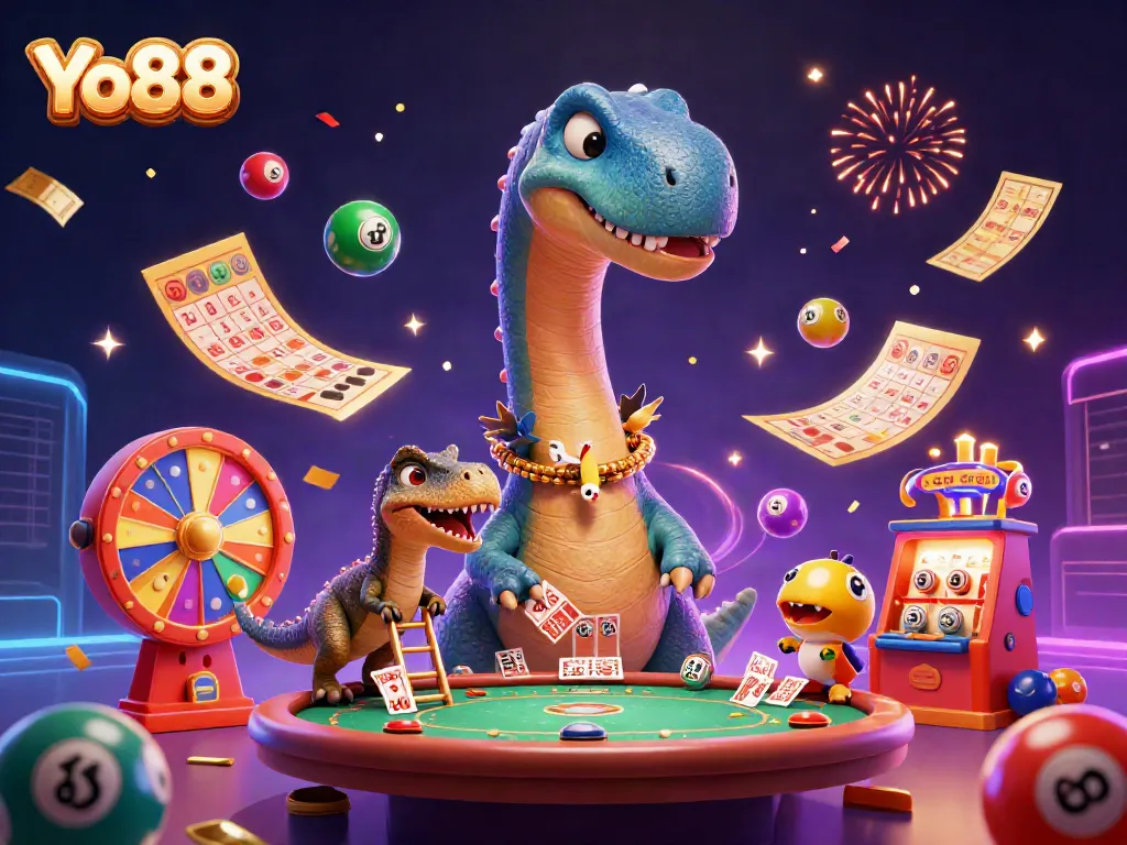 Experience the thrill of Yo88 with vibrant lottery elements and casino characters in a festive 3D scene.