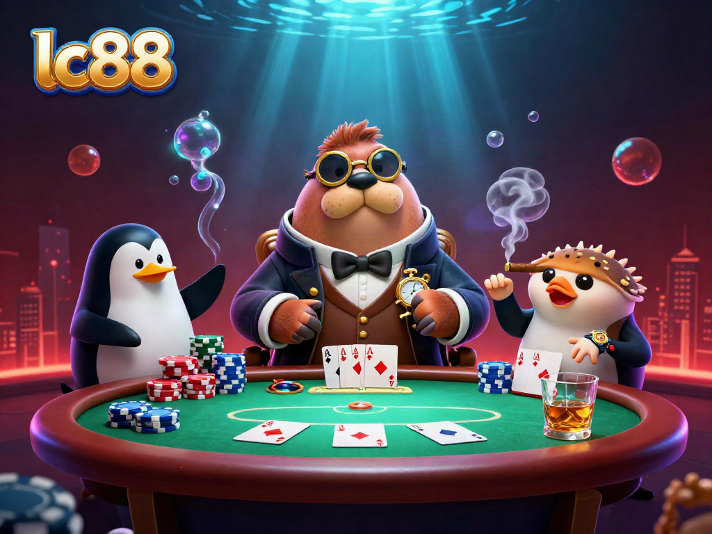 Experience thrilling poker action with lc88 featuring cartoon walrus, dealer penguin, and bluffing pufferfish.