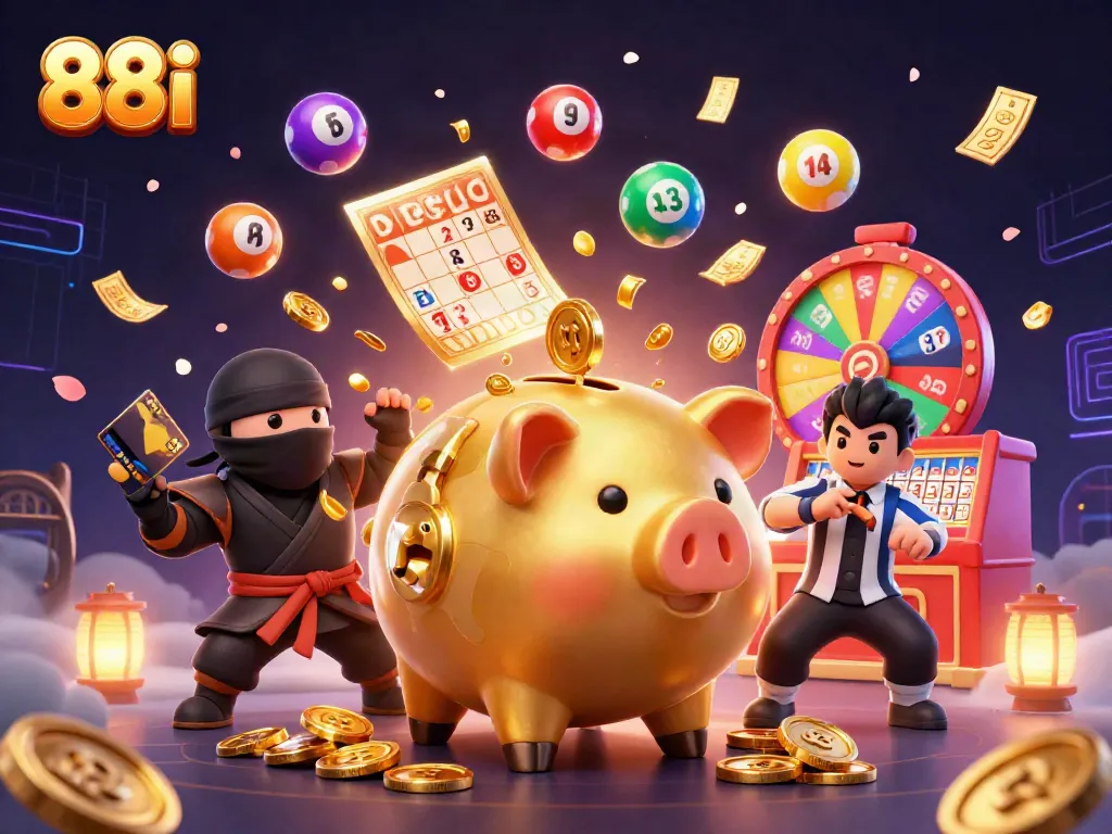 Experience the thrill of 88i with a dynamic 3D illustration of a golden piggy bank sumo wrestler amidst vibrant lottery elements.