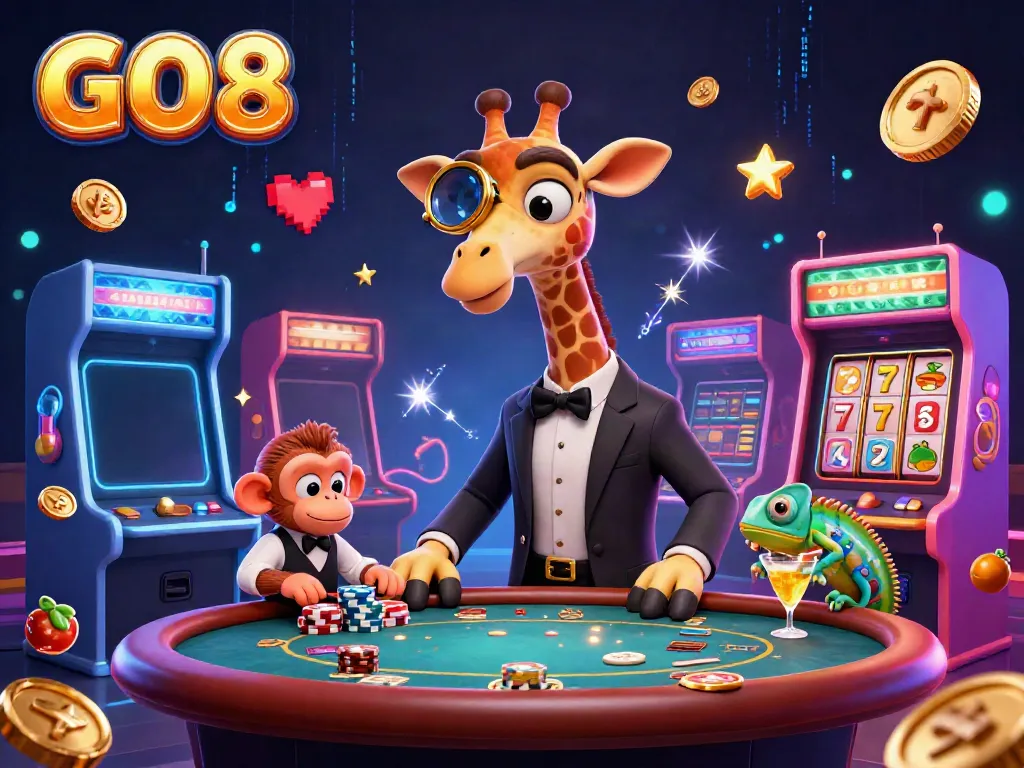 Experience GO8 with a high-roller giraffe at an exciting VIP poker table surrounded by vibrant casino elements.