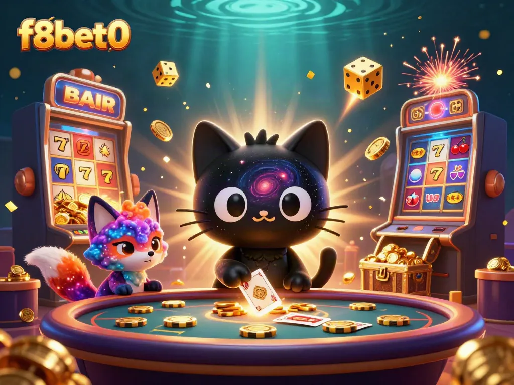 Engaging f8bet0 scene with cartoon characters in a cosmic casino, showcasing thrilling moments.