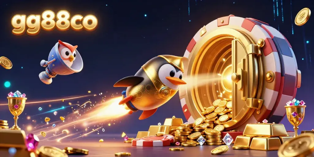 Engage in thrilling gaming adventures with gg88co featuring a golden penguin amidst treasure-themed elements.