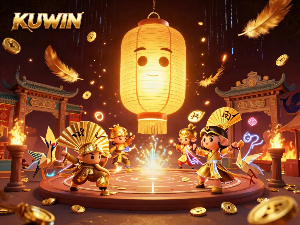 KUWIN illuminates the casino scene with a gold lantern spirit and vibrant game elements.