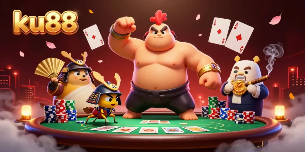 Engage in thrilling gameplay at ku88 with cartoon characters surrounded by a vibrant casino scene.