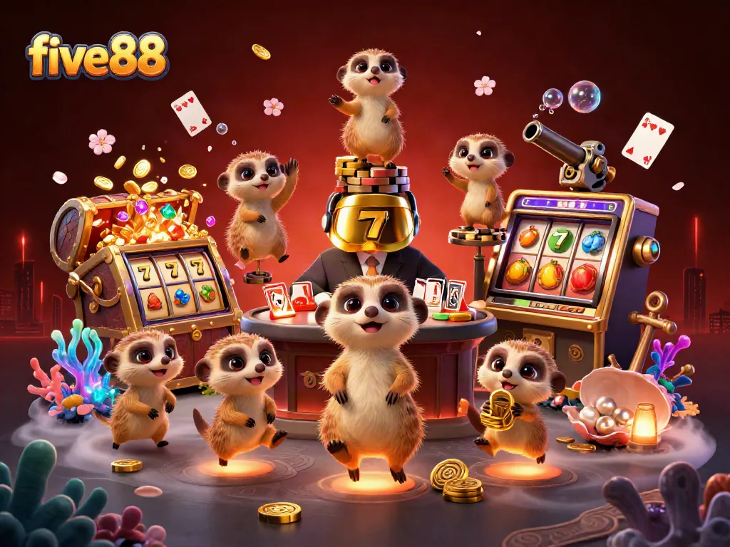 Experience the excitement of five88 in a vibrant casino scene with playful meerkats amid slot symbols.