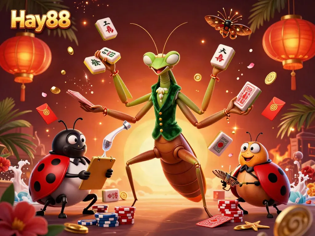 Explore Hay88's vibrant online casino scene with a flamboyant praying mantis dealer amidst dynamic gaming elements.