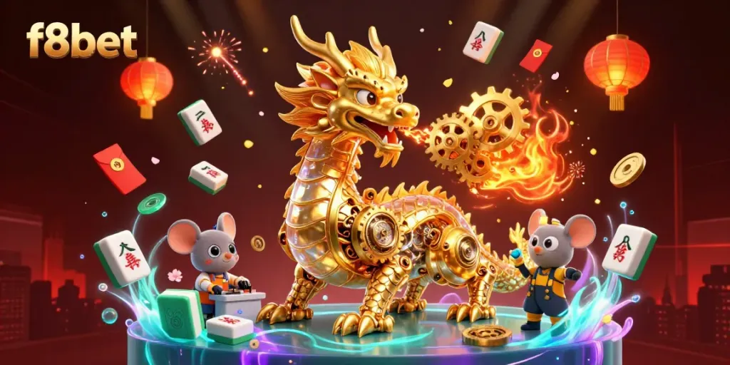Experience thrilling action with f8bet in this vibrant 3D illustration featuring a golden dragon and casino elements.