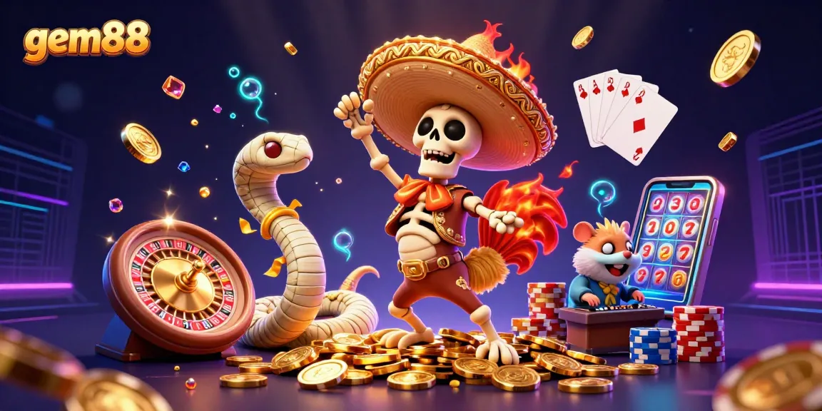 Experience thrill with gem88's victory dance amidst golden coins and vibrant casino elements.