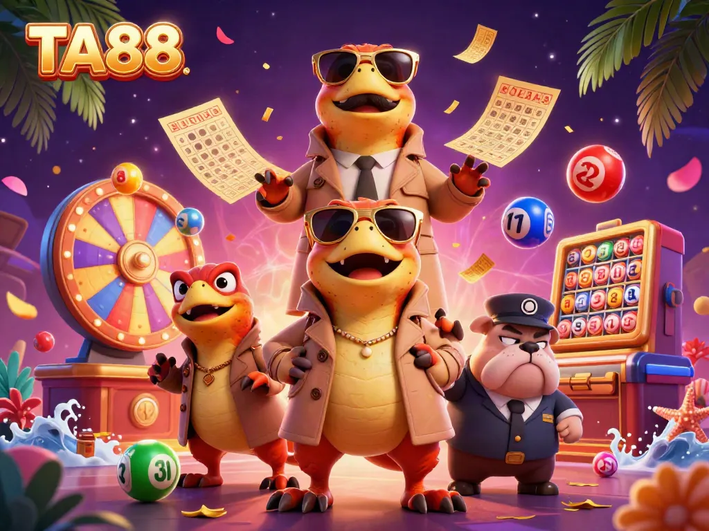 TA88 casino scene with raptors in disguise and vibrant lottery elements exploding around.
