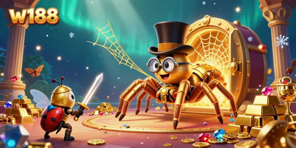 Experience thrilling gaming at w188 as a giant tarantula spins golden webs amidst treasures and knights.