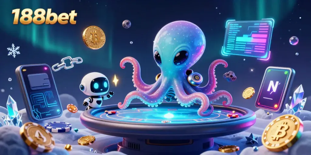 Join the fun at 188bet with a cosmic poker scene featuring an alien octopus and exciting gameplay elements.