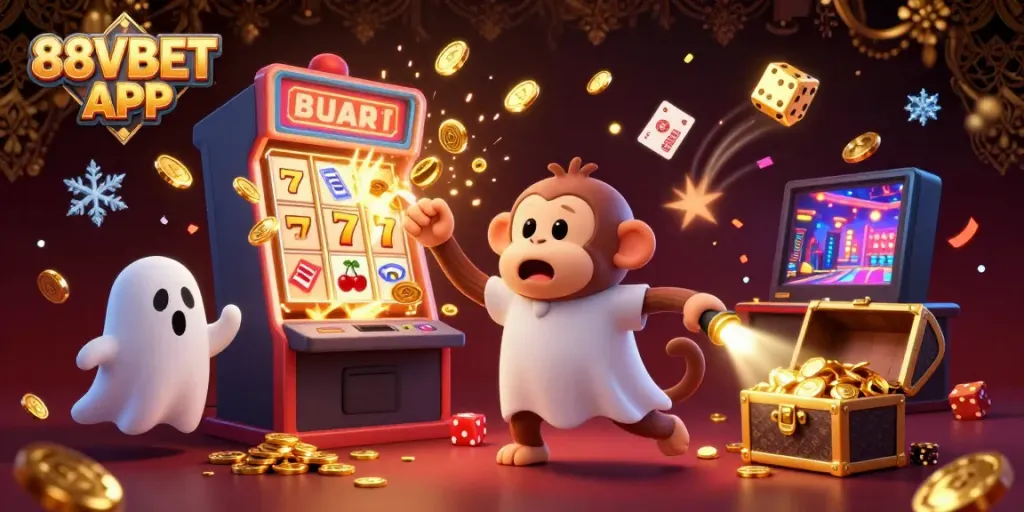 Experience the thrill of the 88VBET APP with a playful ghost-hunter and juggling monkey in a vibrant casino scene.