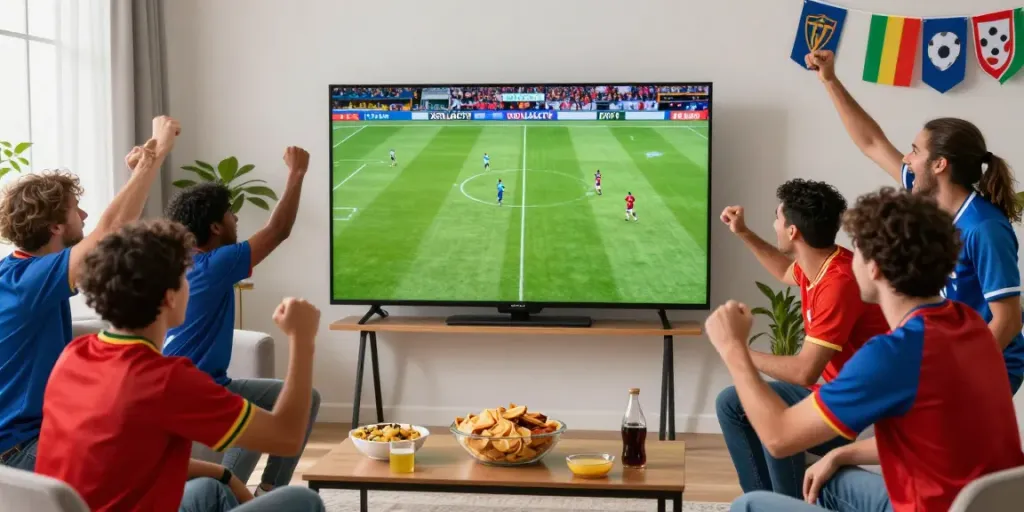 Excited fans enjoying a live soccer match on XOILACTV, surrounded by snacks and team jerseys.