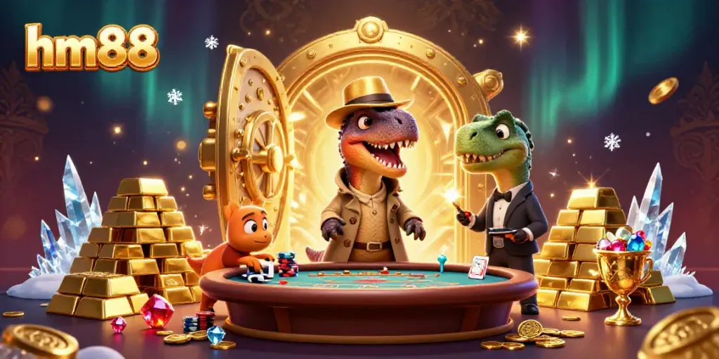 Experience thrilling blackjack action at hm88 with a velociraptor card counter and stegosaurus pit boss amidst treasure.