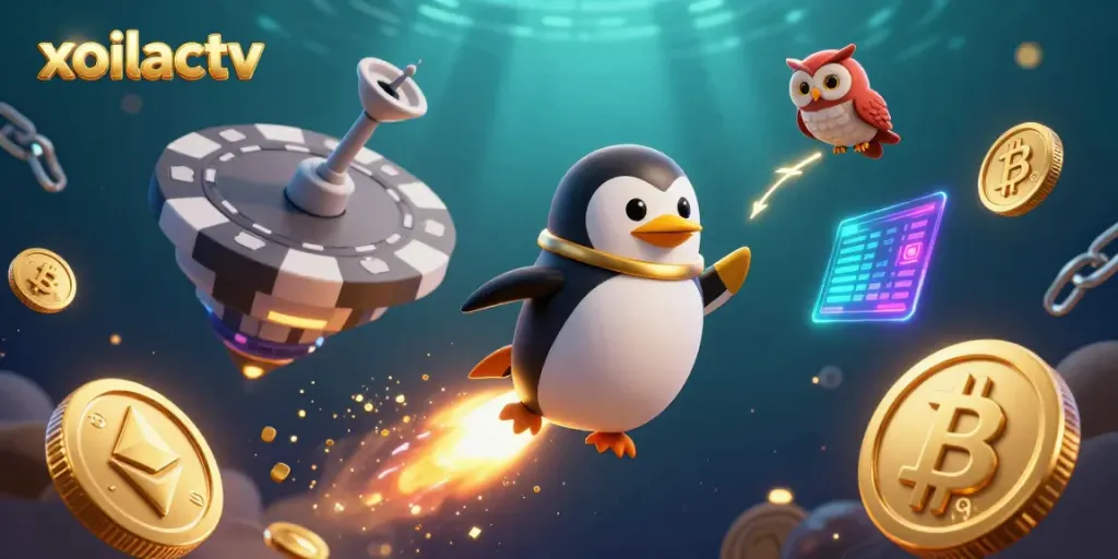 Experience the thrill of xoilactv as a golden penguin rockets toward a casino space station amidst crypto elements.