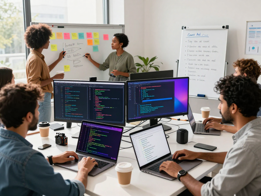 Developers collaborating on juicy chat ai project in a vibrant tech workspace