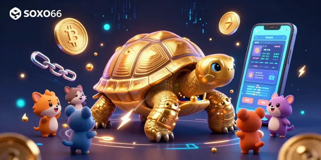 Play exciting games at SOXO66 with a golden tortoise pinball machine and vibrant crypto elements.