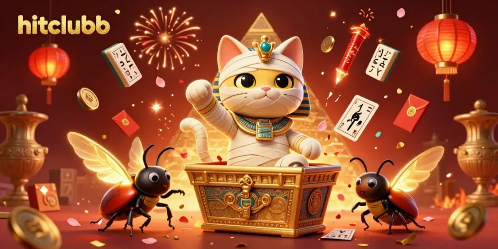 Experience hitclubb’s exciting Egyptian casino adventure with a mummy cat, scarab beetle, and floating cards.