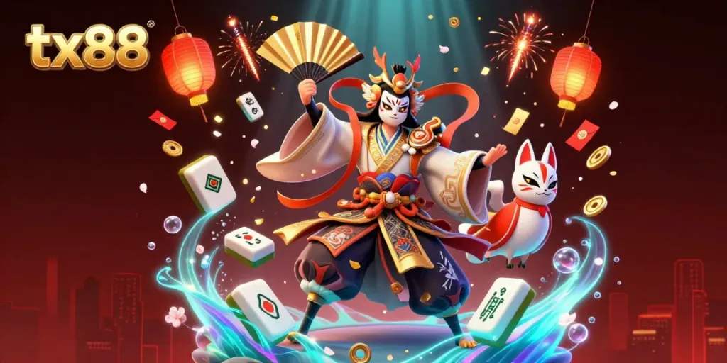 Experience thrilling gameplay with tx88 featuring kabuki warriors, lucky themed elements, and vibrant casino decorations.