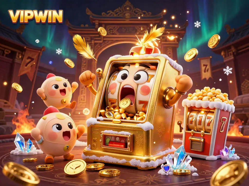 Experience a golden jackpot at VIPWIN with a whimsical slot machine celebrating amidst vibrant casino elements.