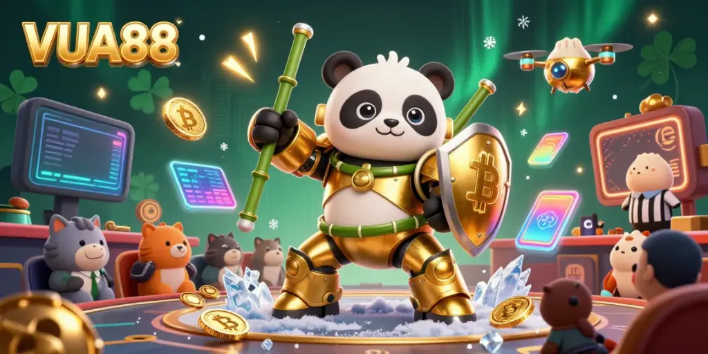 Join the excitement of VUA88 as the mech-suit panda battles in a lively casino arena with crypto elements.