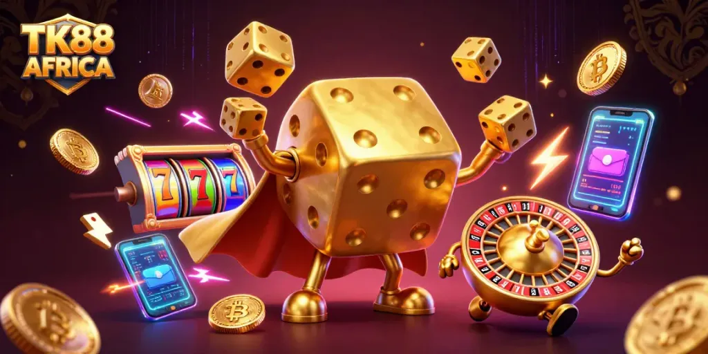 Experience thrilling gameplay with TK88 AFRICA amidst vibrant slot reels and glowing crypto coins.