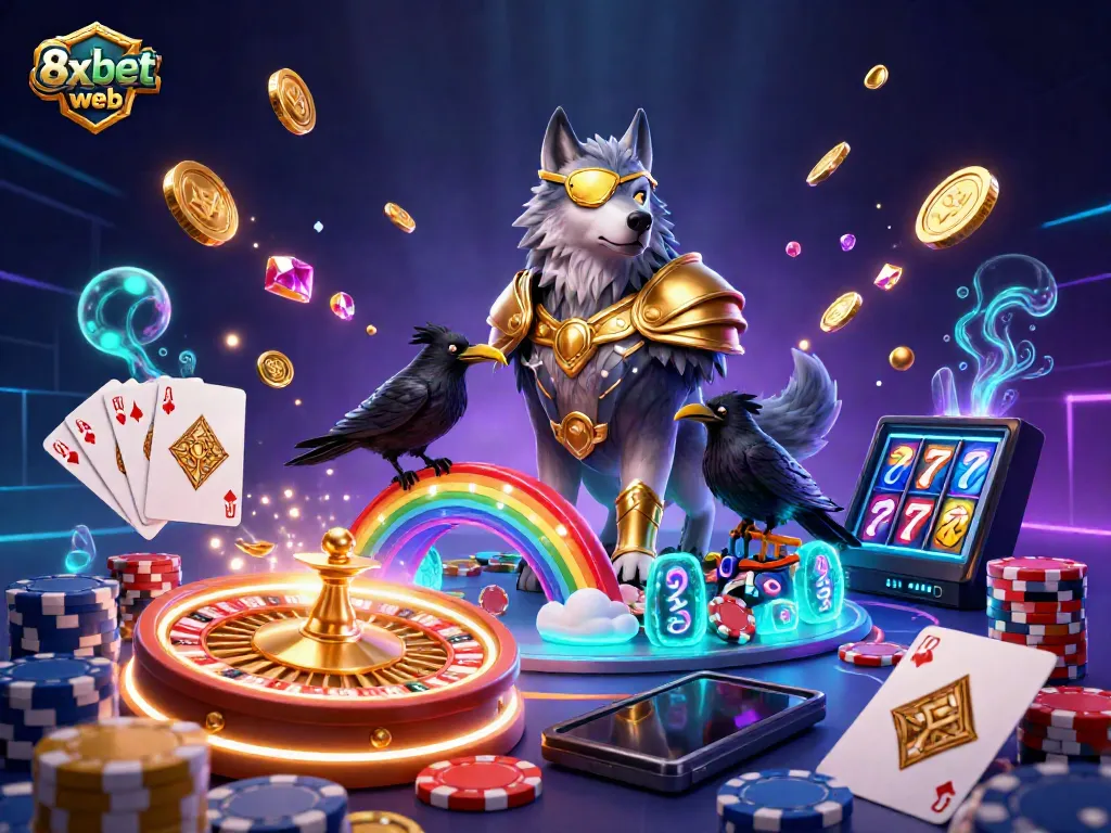Experience the thrill of 8xbet web with a dynamic Norse mythology scene featuring Odin and casino elements.