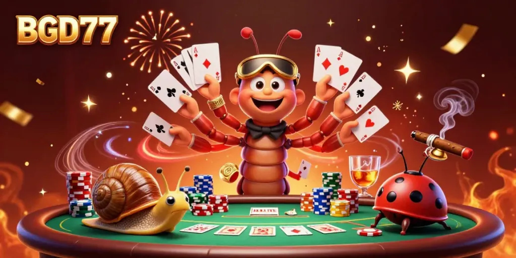 Experience BGD77 at a lively poker table featuring a cartoon dealer and unique characters in a vibrant casino atmosphere.