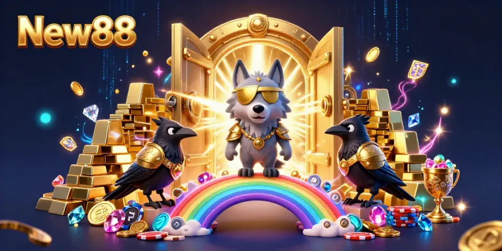 Engage in thrilling gameplay at New88, featuring vibrant casino elements with a mythological theme.