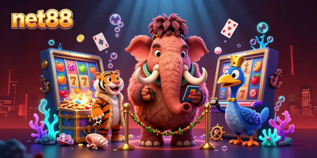 Join the excitement at net88's online casino with vibrant visuals, showcasing dynamic gaming elements.