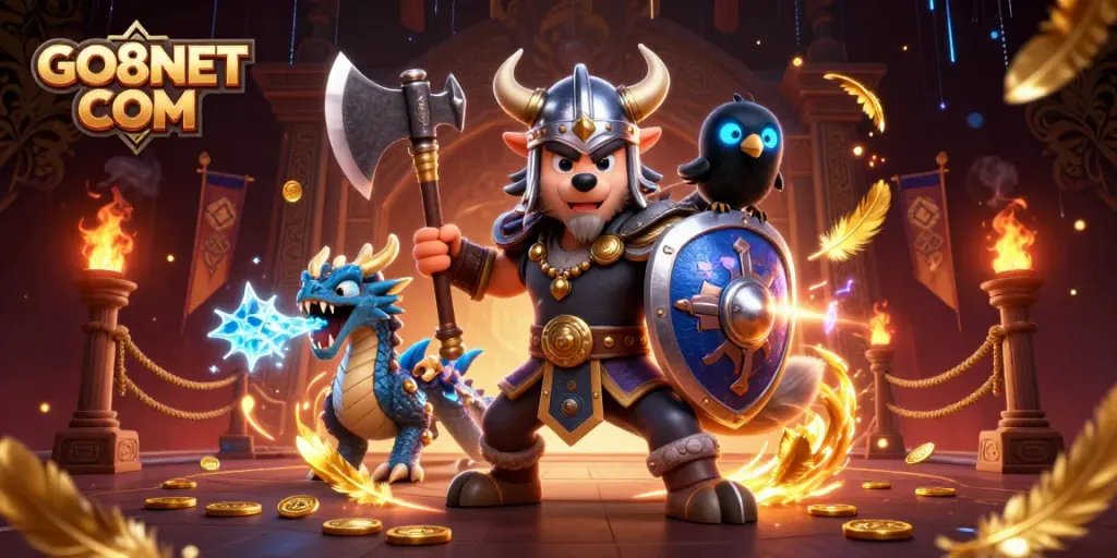 Engage in thrilling games at GO8NET COM with exciting visuals of a Viking wolf warrior and fierce dragon.