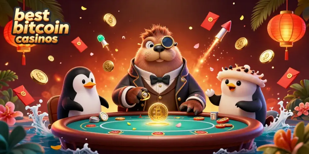 Experience the best bitcoin casinos with a lively scene of a walrus at a poker table, surrounded by vibrant crypto elements.