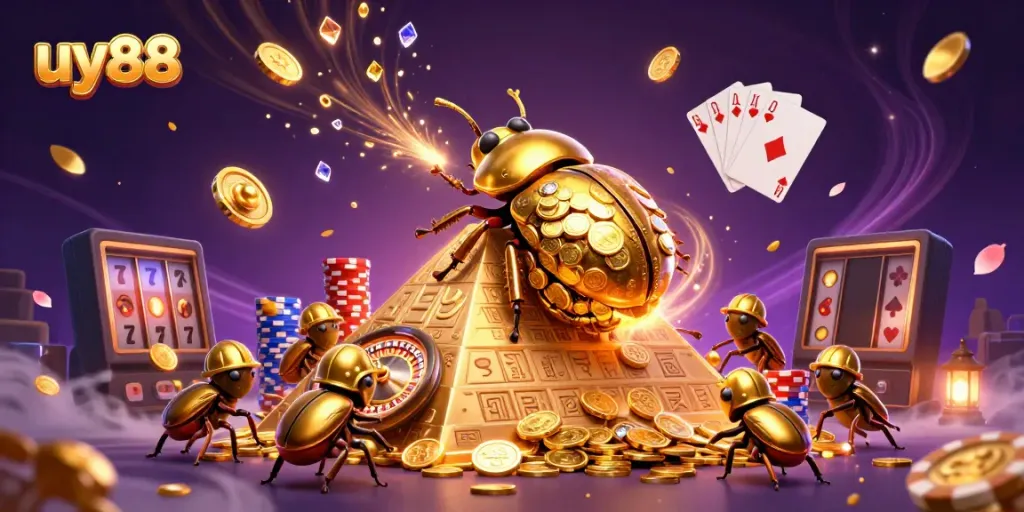 Experience the excitement of uy88 as golden coins cascade and casino elements spark joy.